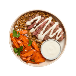 Bavette, carottes rôties & sauce au roquefort