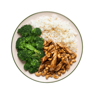 Poulet caramélisé au cajou, riz & brocolis