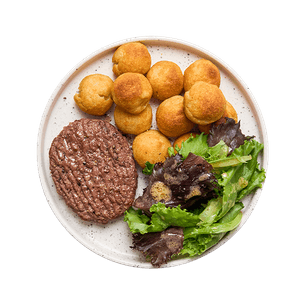 Bunless burger with tater tots & salad