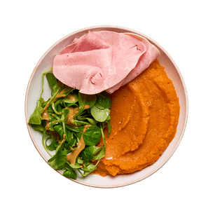 Jambon, purée de patates douces & salade