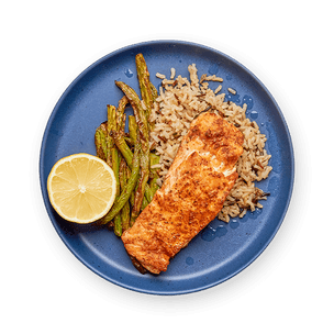 Oven roasted salmon, asparagus & brown rice