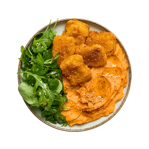Nuggets végé, purée de patates douces & salade nuggets-vege-puree-de-patates-douces-et-salade
