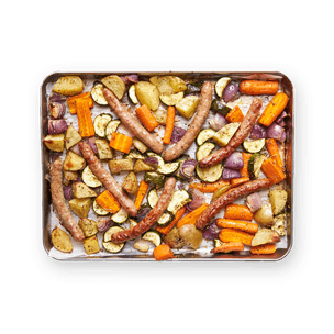 One pan chipolatas & légumes rôtis
