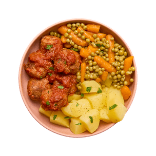 Boulettes, petits pois carottes & pommes de terre