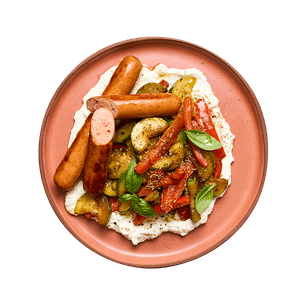 Saucisses, légumes grillés & crème de feta