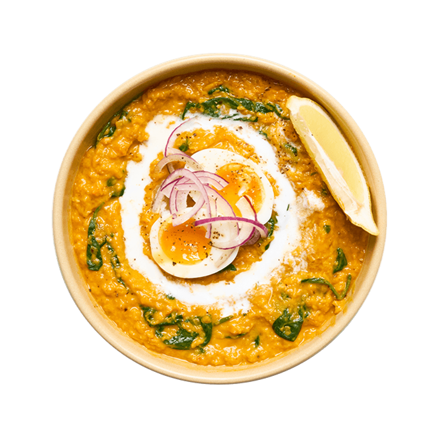 Curry de lentilles, épinards & œuf mollet Curry de lentilles, épinards & œuf mollet