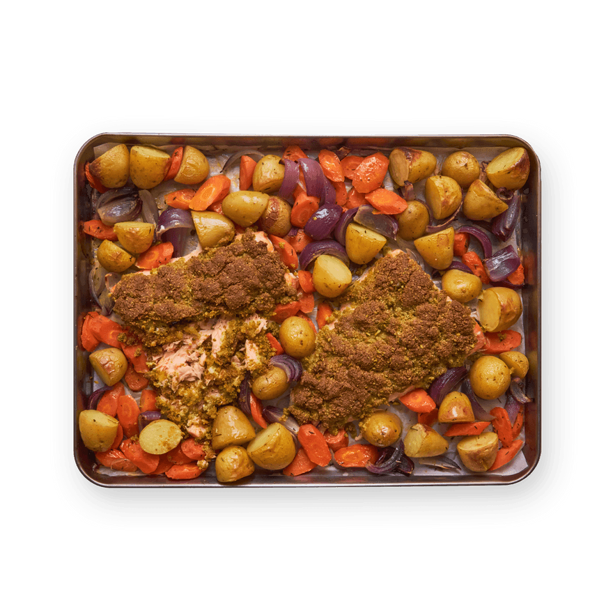 Saumon en croûte de pistaches & légumes rôtis