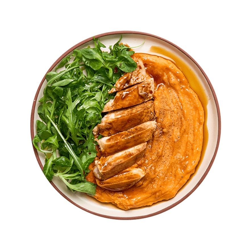 Poulet, purée de patates douces & salade Poulet, purée de patates douces & salade