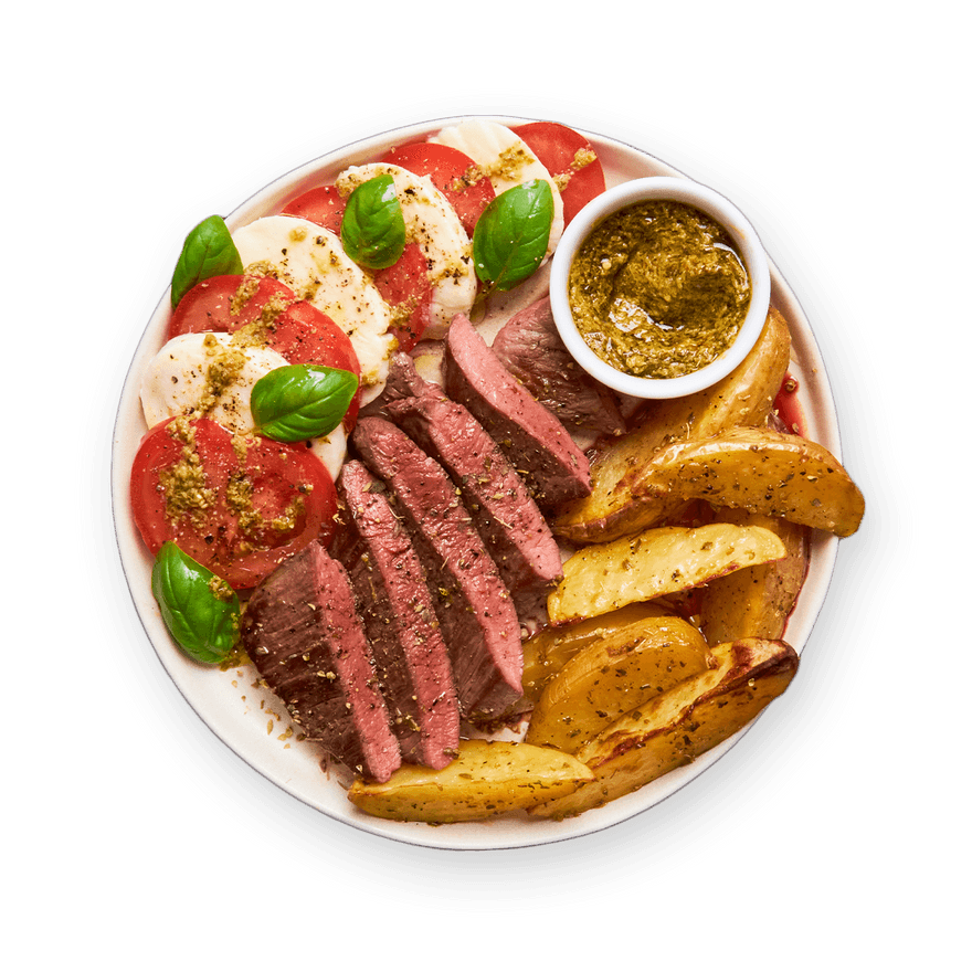 Steak, pommes de terre & tomates mozza au pesto