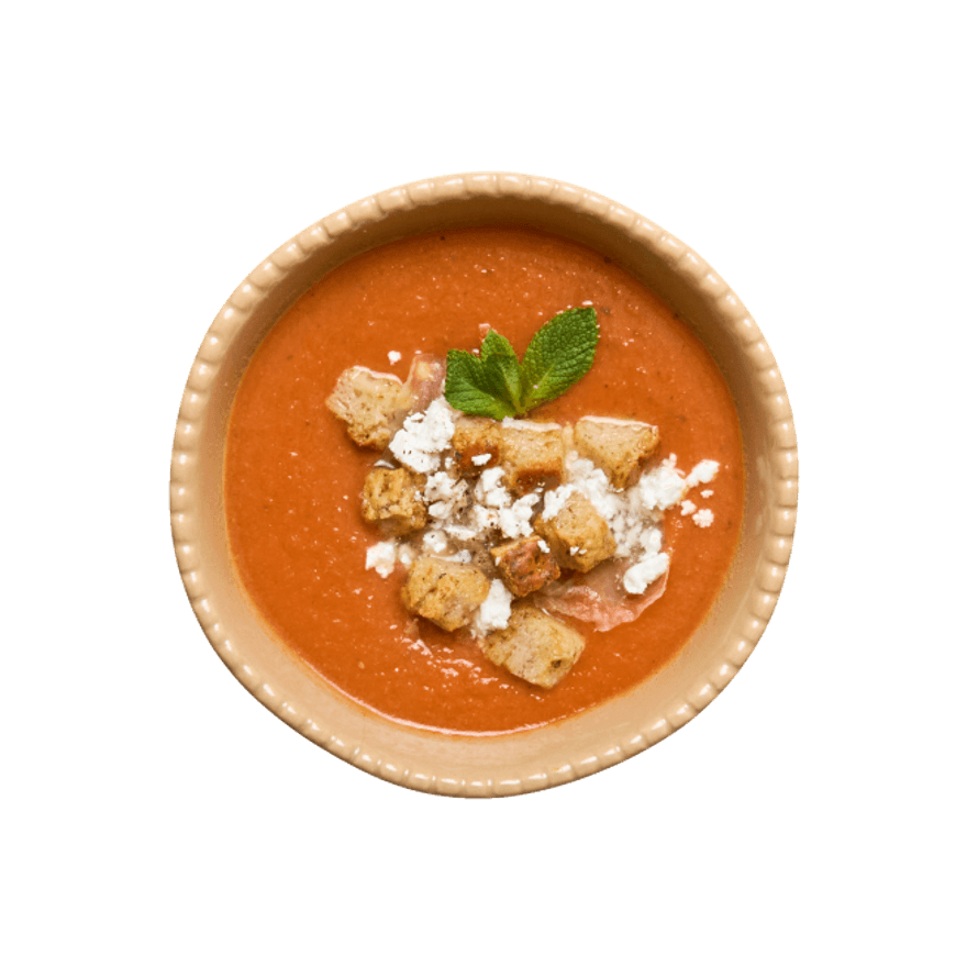 Gazpacho aux chips de jambon, feta & croûtons Gazpacho aux chips de jambon, feta & croûtons