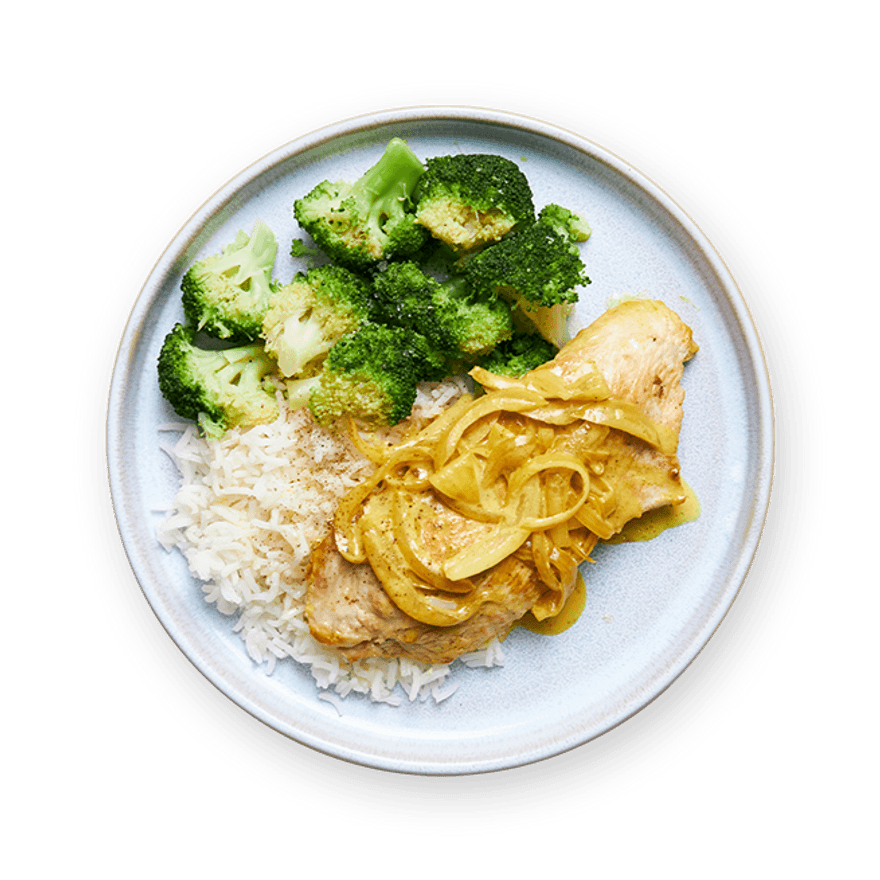 Curry de dinde au lait de coco, riz & brocoli