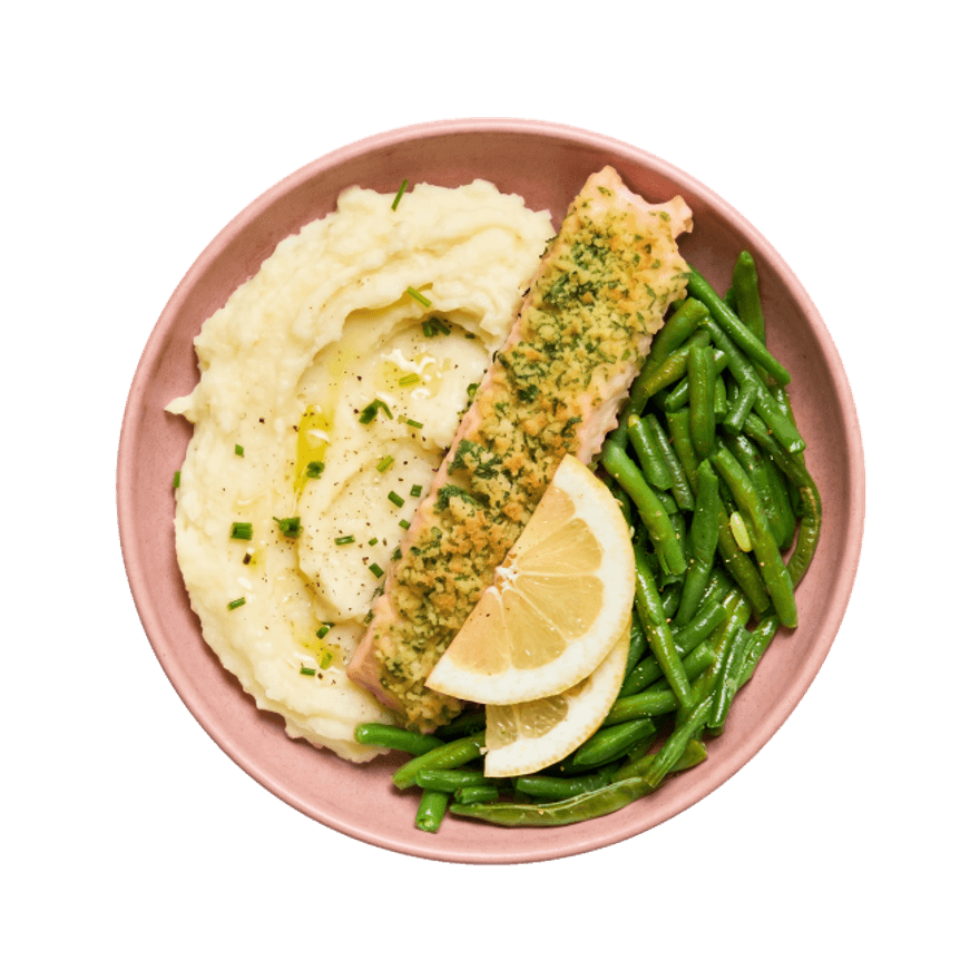 Saumon en croûte de persil, haricots verts & purée Saumon en croûte de persil, haricots verts & purée