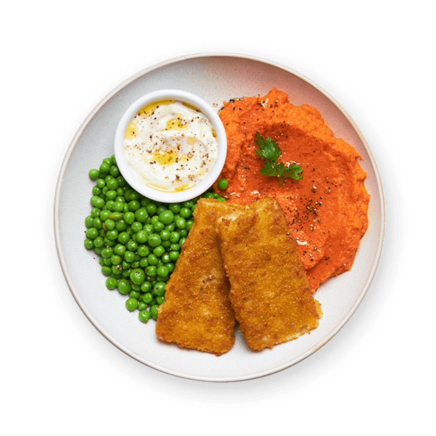 Purée de carottes, petits pois & poisson pané