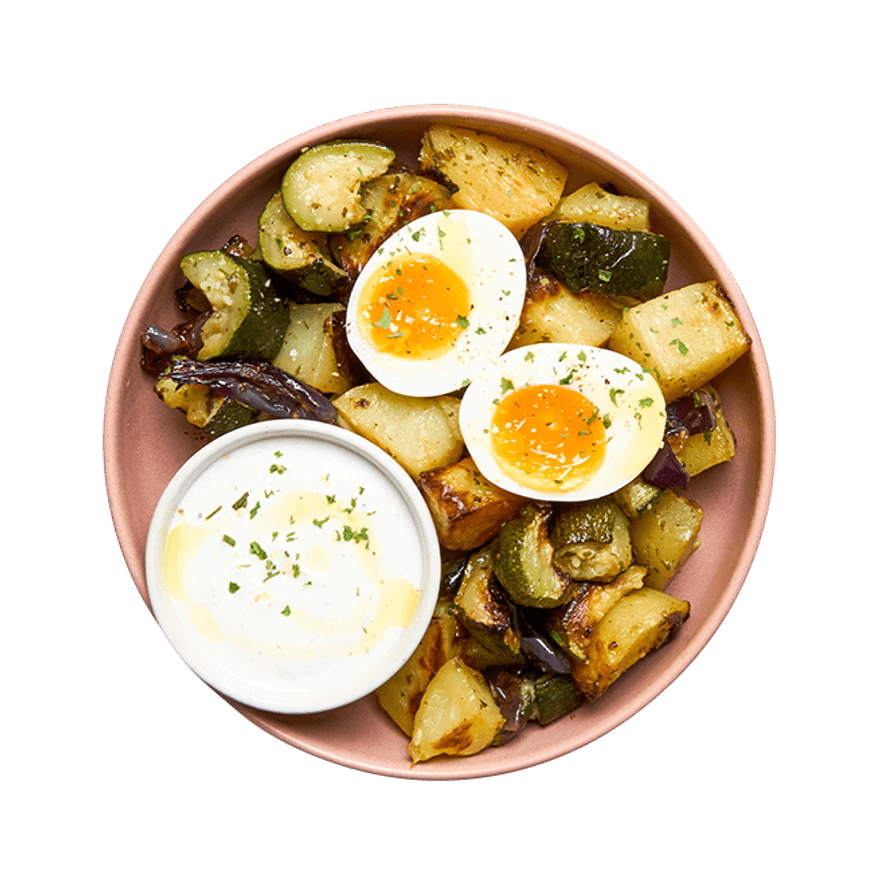 Œuf mollet, légumes rôtis aux herbes & sauce yaourt Œuf mollet, légumes rôtis aux herbes & sauce yaourt