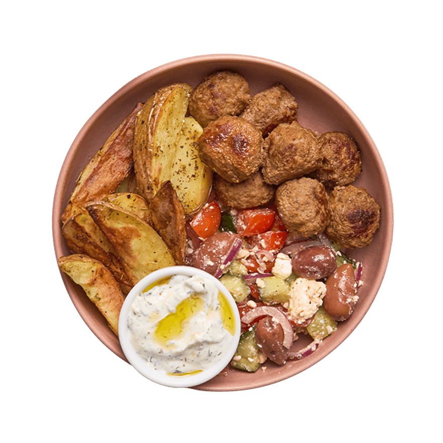 Bowl à la grecque, boulettes & potatoes Bowl à la grecque, boulettes & potatoes