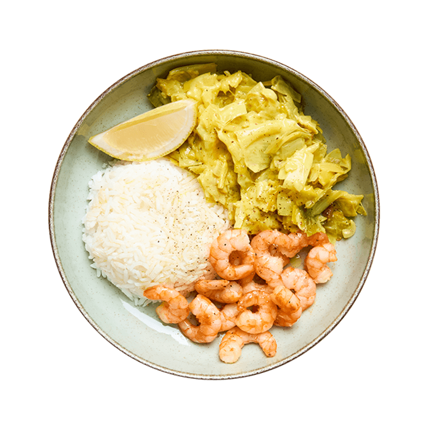 Crevettes, fondue de poireaux au curry & riz Crevettes, fondue de poireaux au curry & riz