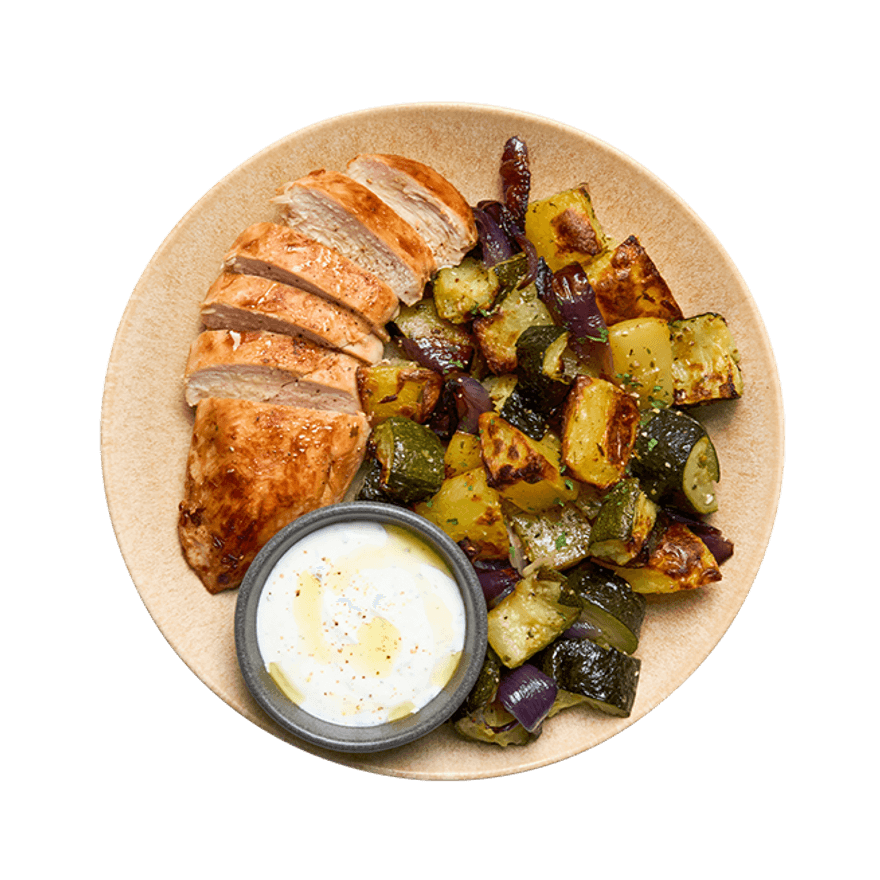 Poulet, légumes rôtis aux herbes & sauce yaourt Poulet, légumes rôtis aux herbes & sauce yaourt
