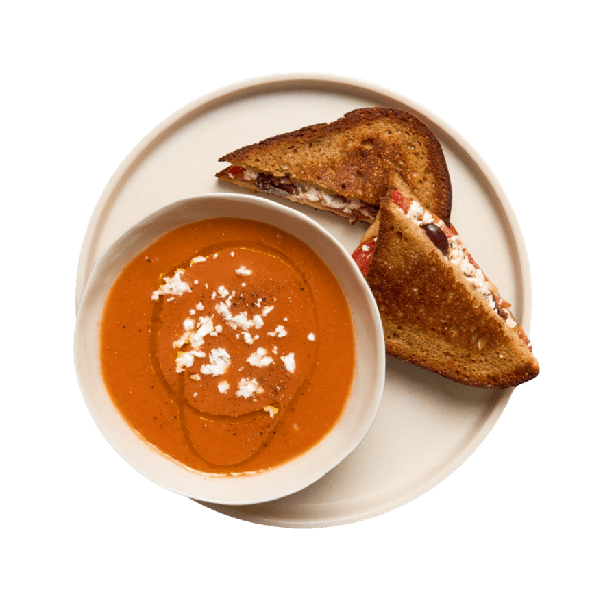 Grilled cheese à la grecque & gazpacho Grilled cheese à la grecque & gazpacho
