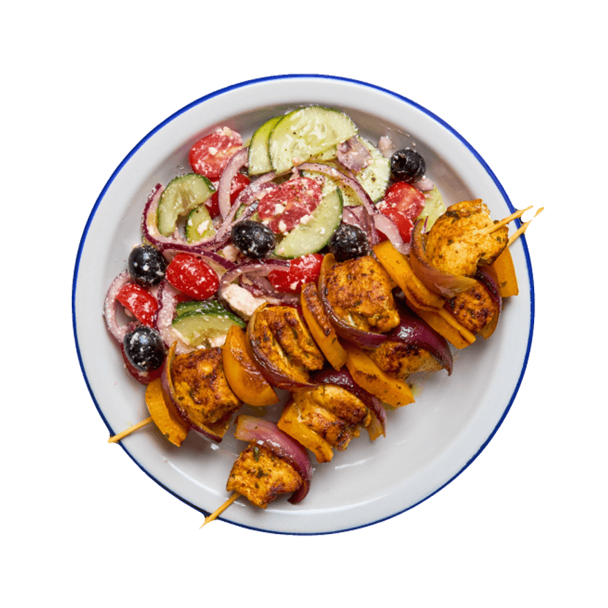 Brochettes de poulet & salade grecque Brochettes de poulet & salade grecque
