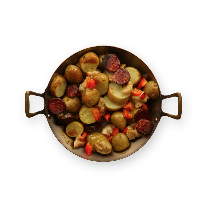 Poulet, chorizo et légumes rôtis