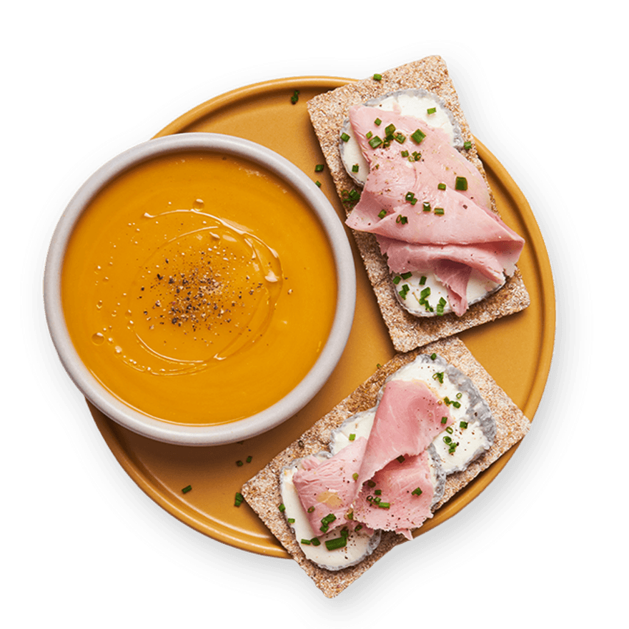 Soupe express au potimarron & toast chèvre jambon