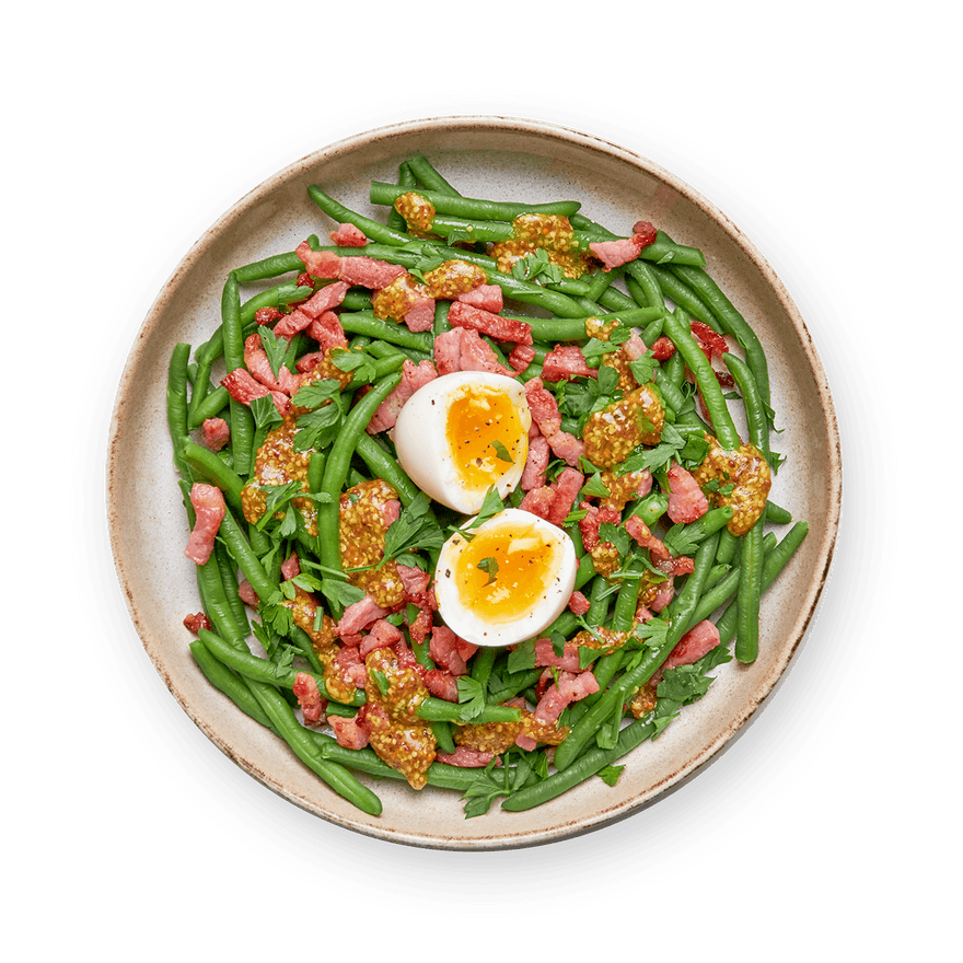 Salade haricots verts, lardons & œuf mollet