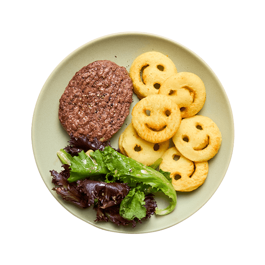 Steak haché, kids smile & salade Steak haché, kids smile & salade