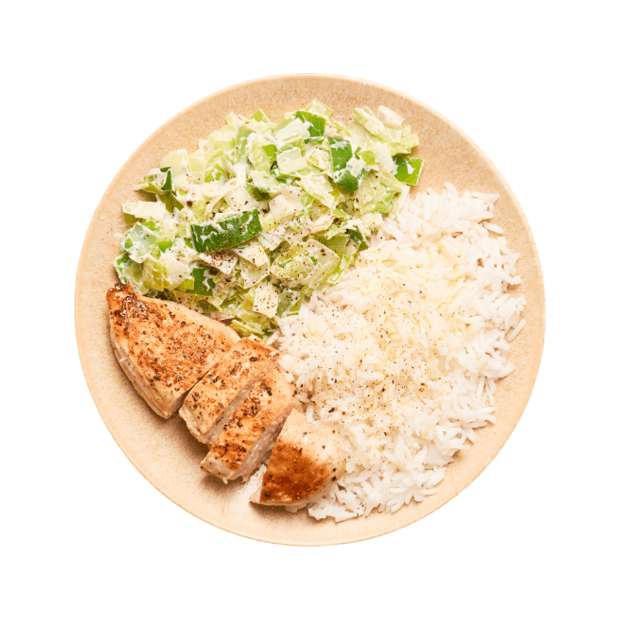 Poulet, fondue de poireaux & riz Poulet, fondue de poireaux & riz