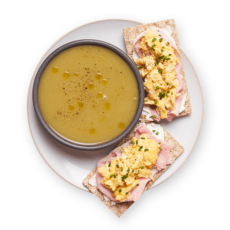 Soupe express au poireau & toast œufs brouillés jambon