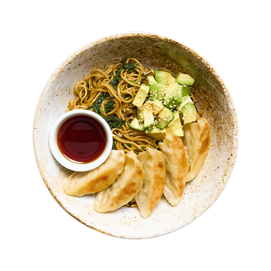 Nouilles sautées aux épinards & gyoza Nouilles sautées aux épinards & gyoza
