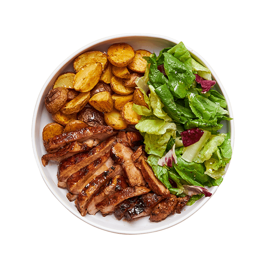 Steak sauce bbq, pommes de terre & salade
