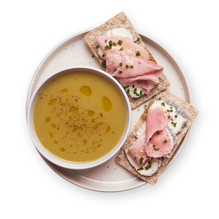 Soupe express au poireau & toast chèvre jambon