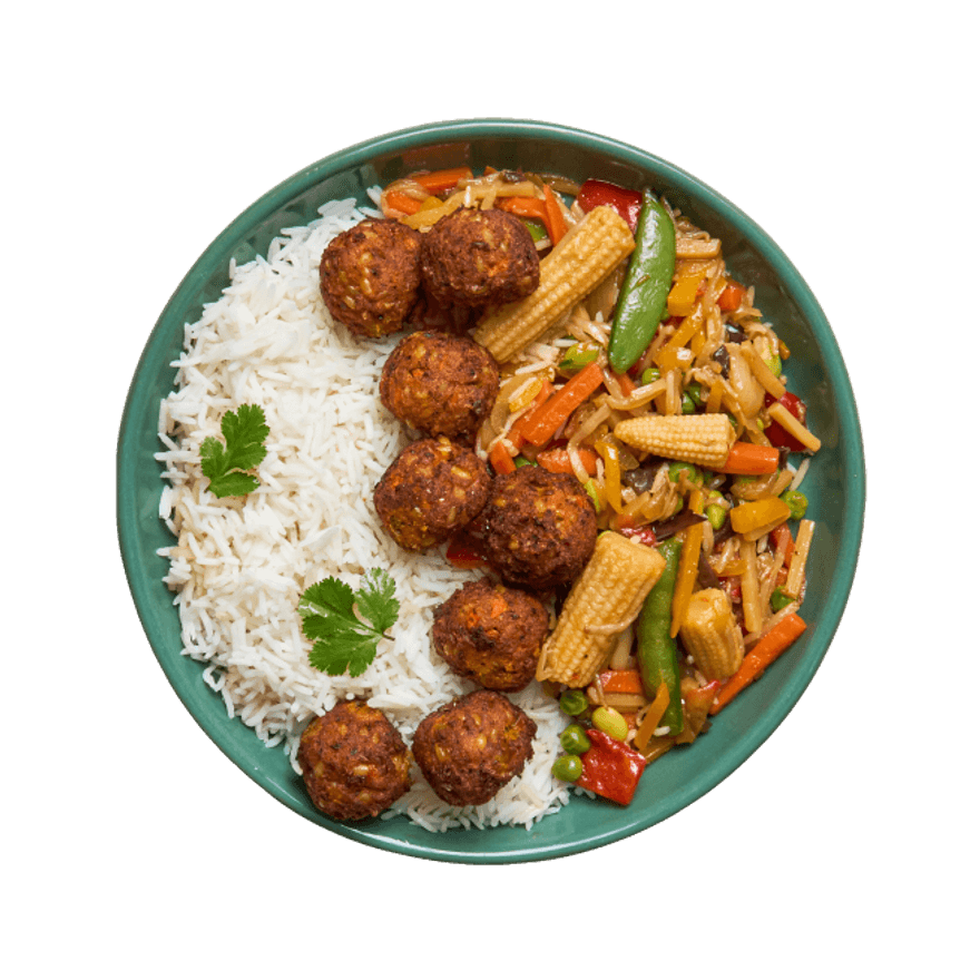 Boulettes végé, poêlée de légumes à l'asiatique & riz Boulettes végé, poêlée de légumes à l'asiatique & riz