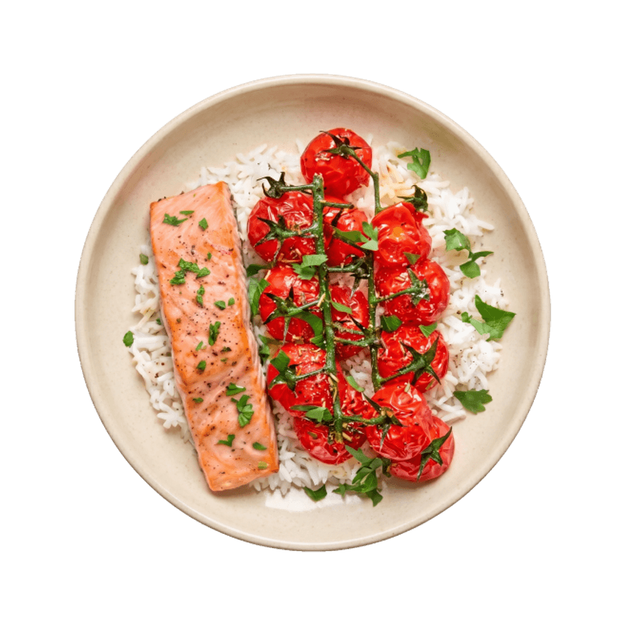 Saumon, tomates cerises rôties & riz Saumon, tomates cerises rôties & riz