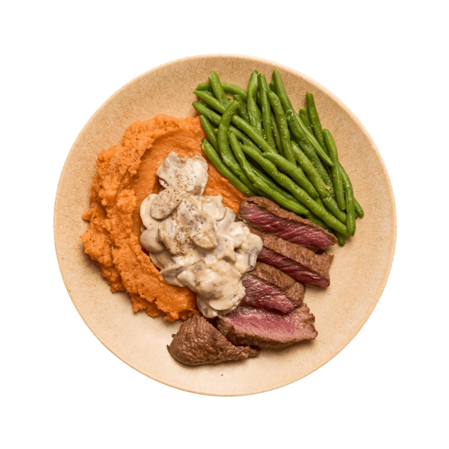 Pavé de bœuf, purée de patate douces & sauce aux champignons Pavé de bœuf, purée de patate douces & sauce aux champignons