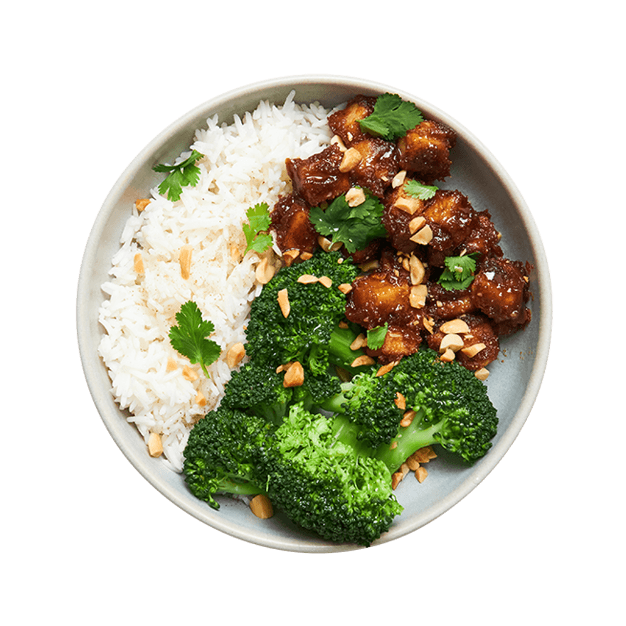 Tofu cacahuètes, riz & brocoli