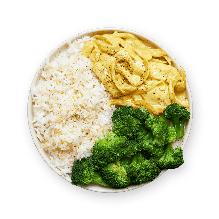 Curry de cabillaud au lait de coco, riz & brocoli