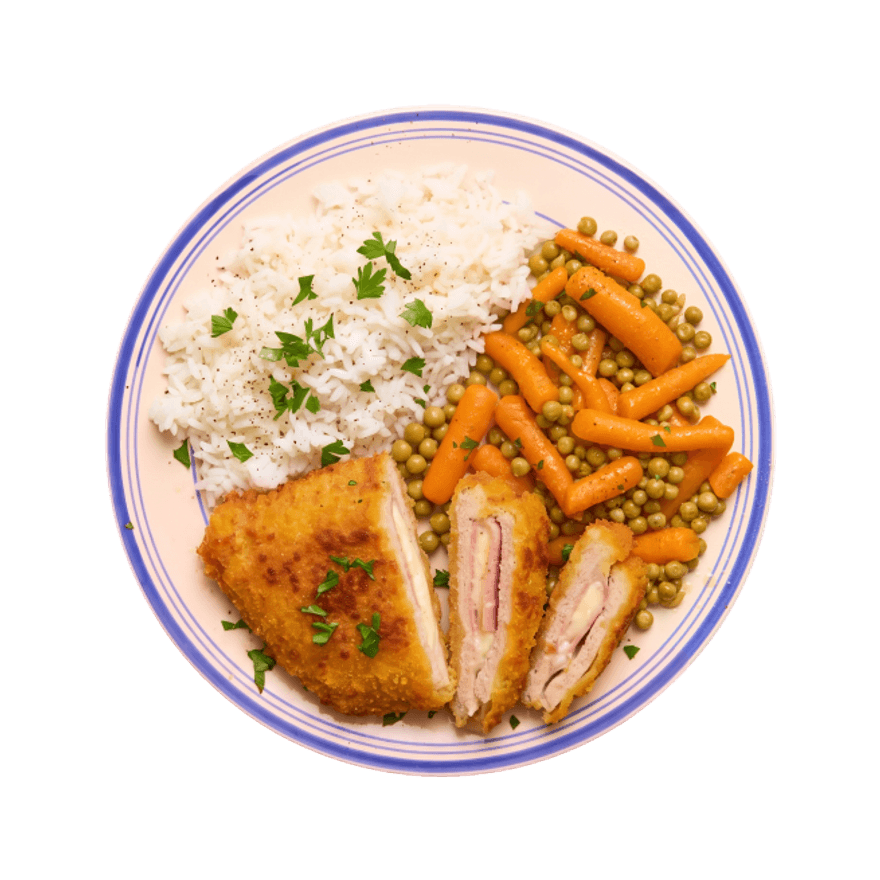 Cordon bleu, petits pois carottes & riz Cordon bleu, petits pois carottes & riz