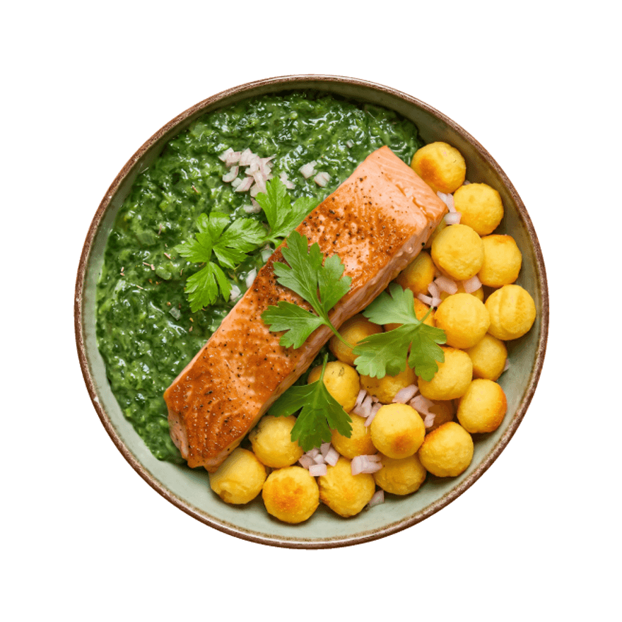 Saumon, pommes noisettes & épinards à la crème Saumon, pommes noisettes & épinards à la crème