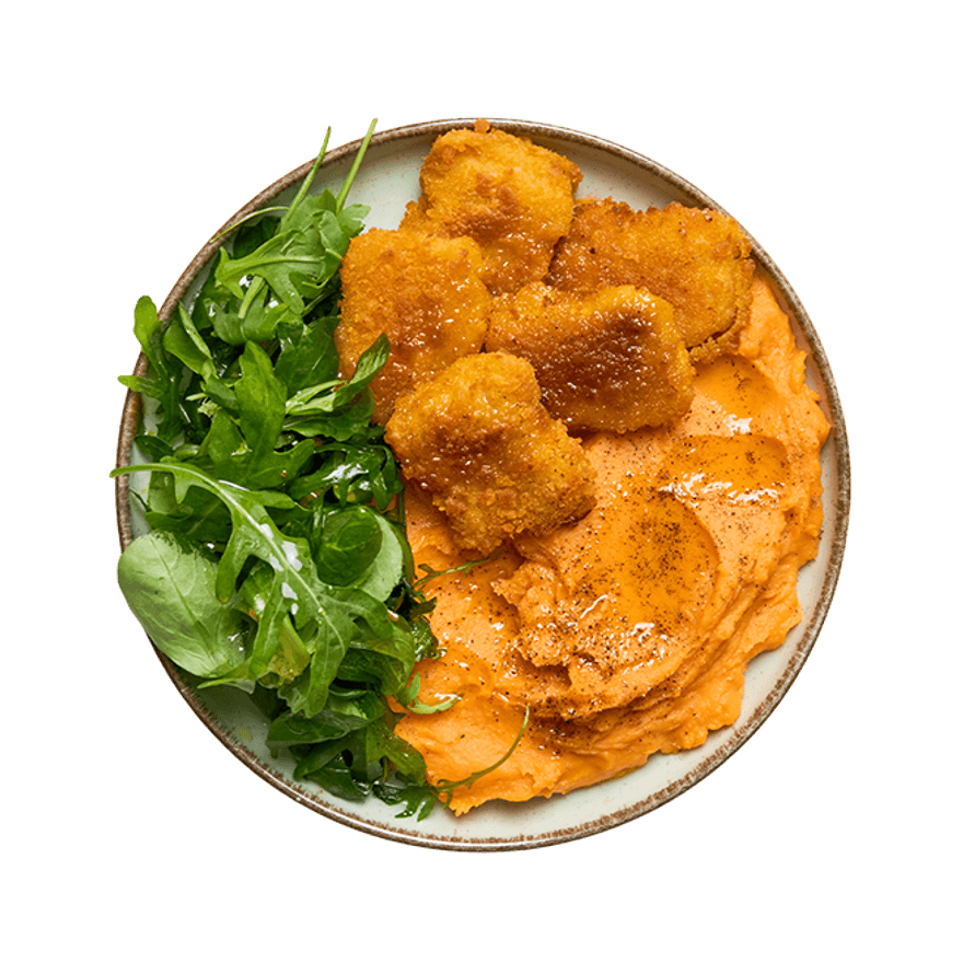 Nuggets végé, purée de patates douces & salade Nuggets végé, purée de patates douces & salade