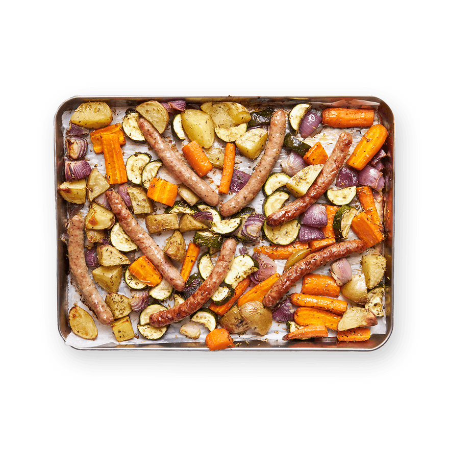 One pan chipolatas & légumes rôtis