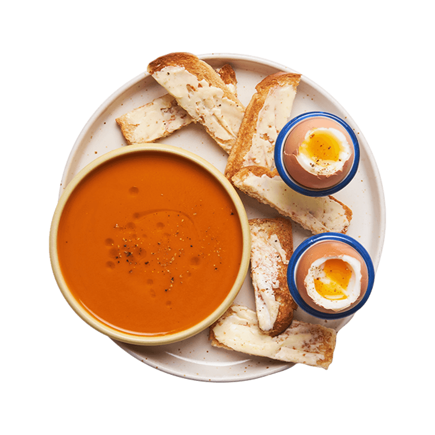 Soupe express aux légumes & œufs à la coque