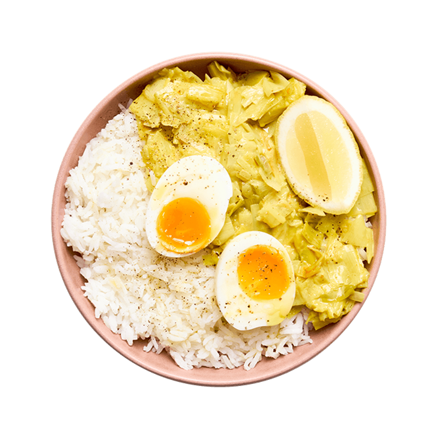 Œuf mollet, fondue de poireaux au curry & riz Œuf mollet, fondue de poireaux au curry & riz