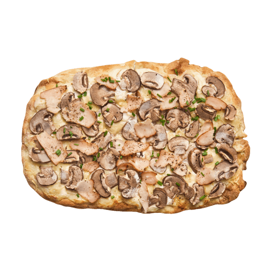 Pinsa poulet, champignons & comté Pinsa poulet, champignons & comté