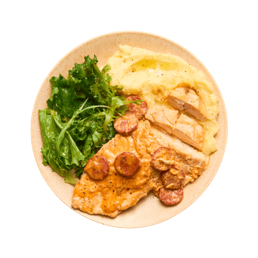 Escalope de dinde au chorizo, purée & salade Escalope de dinde au chorizo, purée & salade