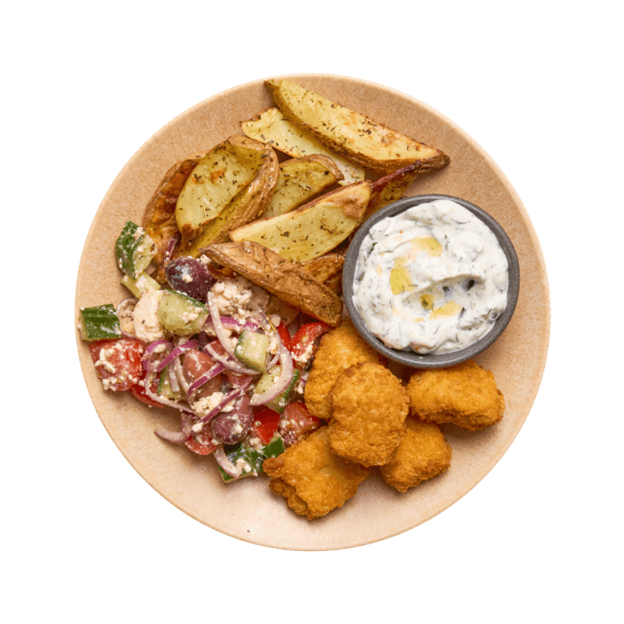 Bowl à la grecque, nuggets végé & potatoes Bowl à la grecque, nuggets végé & potatoes