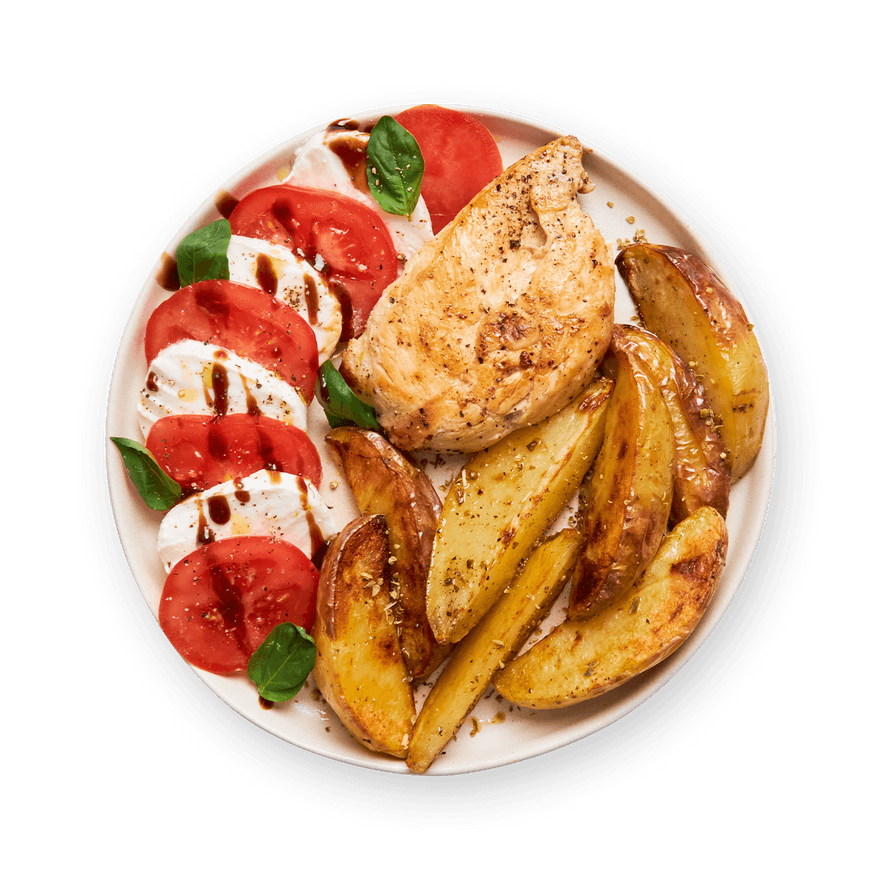 Poulet, pommes de terre & salade tomates mozza
