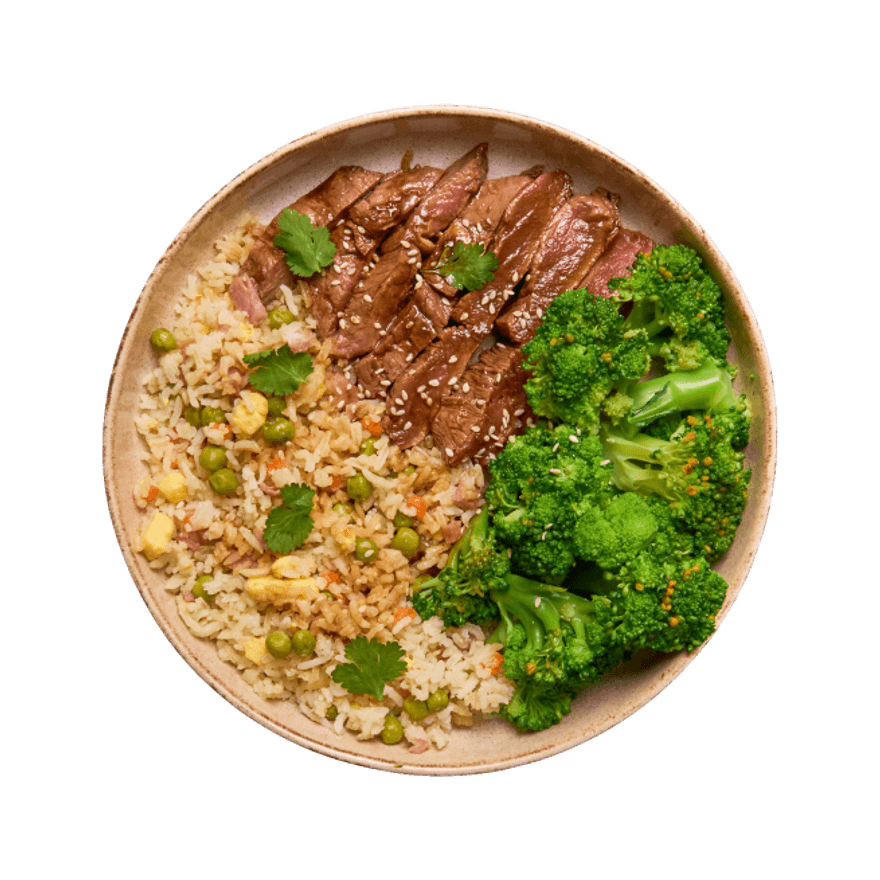 Bœuf laqué, riz cantonais & brocolis Bœuf laqué, riz cantonais & brocolis