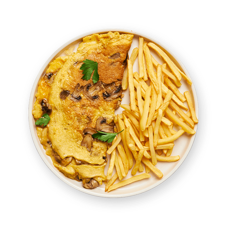 Omelette champignon, comté & frites