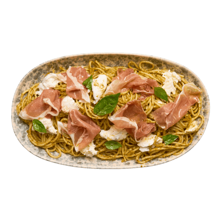 Spaghetti au pesto, jambon de Parme & mozzarella Spaghetti au pesto, jambon de Parme & mozzarella
